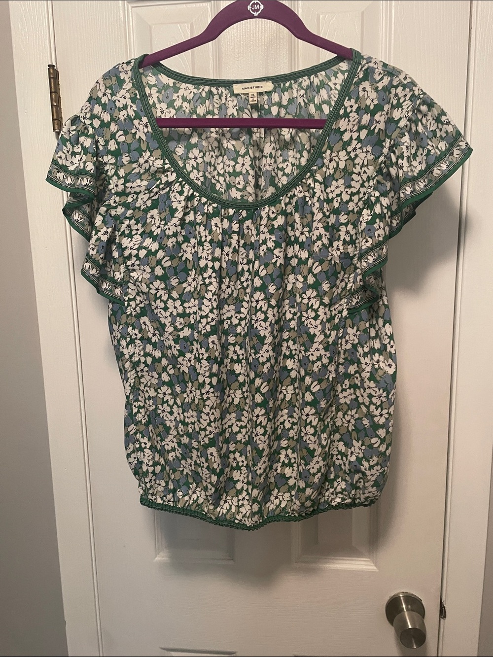 Maeve Green and White Floral Ruffled Sleeve Blouse